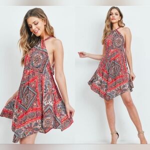 Bohemian Halter Cross Back Tie Asymmetrical Spring Summer Dress